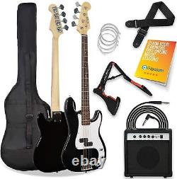 3rd Avenue Full Size 4/4 Electric Bass Guitar Beginner Full, Black with White