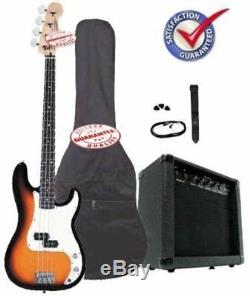Electric Bass Guitar Pack with 20 Watts Amp, Bag, Strap, and Cable, Sunburst