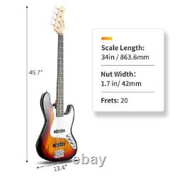 Glarry Electric GJazz 4 Strings Bass Guitar + Cord + Wrench Full Size Sunset