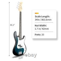 Glarry Electric GP Bass Guitar with Pickguard Bag Full Set Right Hand Blue Body