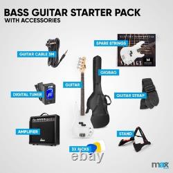 MAX GigKit Beginner Electric Bass Guitar with Amplifier and Accessories White